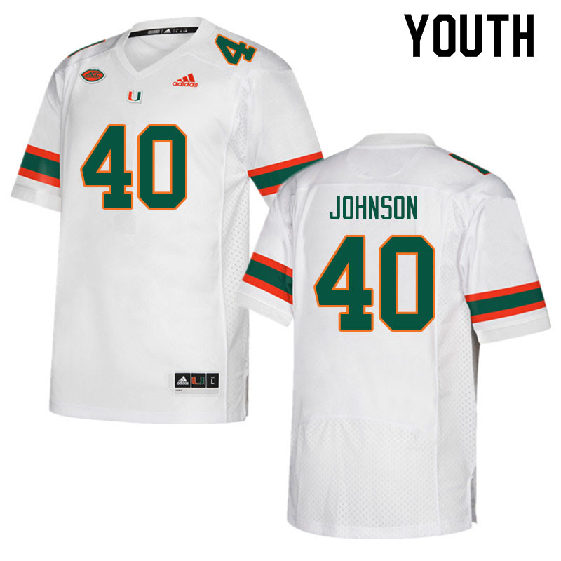 Youth #40 Caleb Johnson Miami Hurricanes College Football Jerseys Sale-White - Click Image to Close